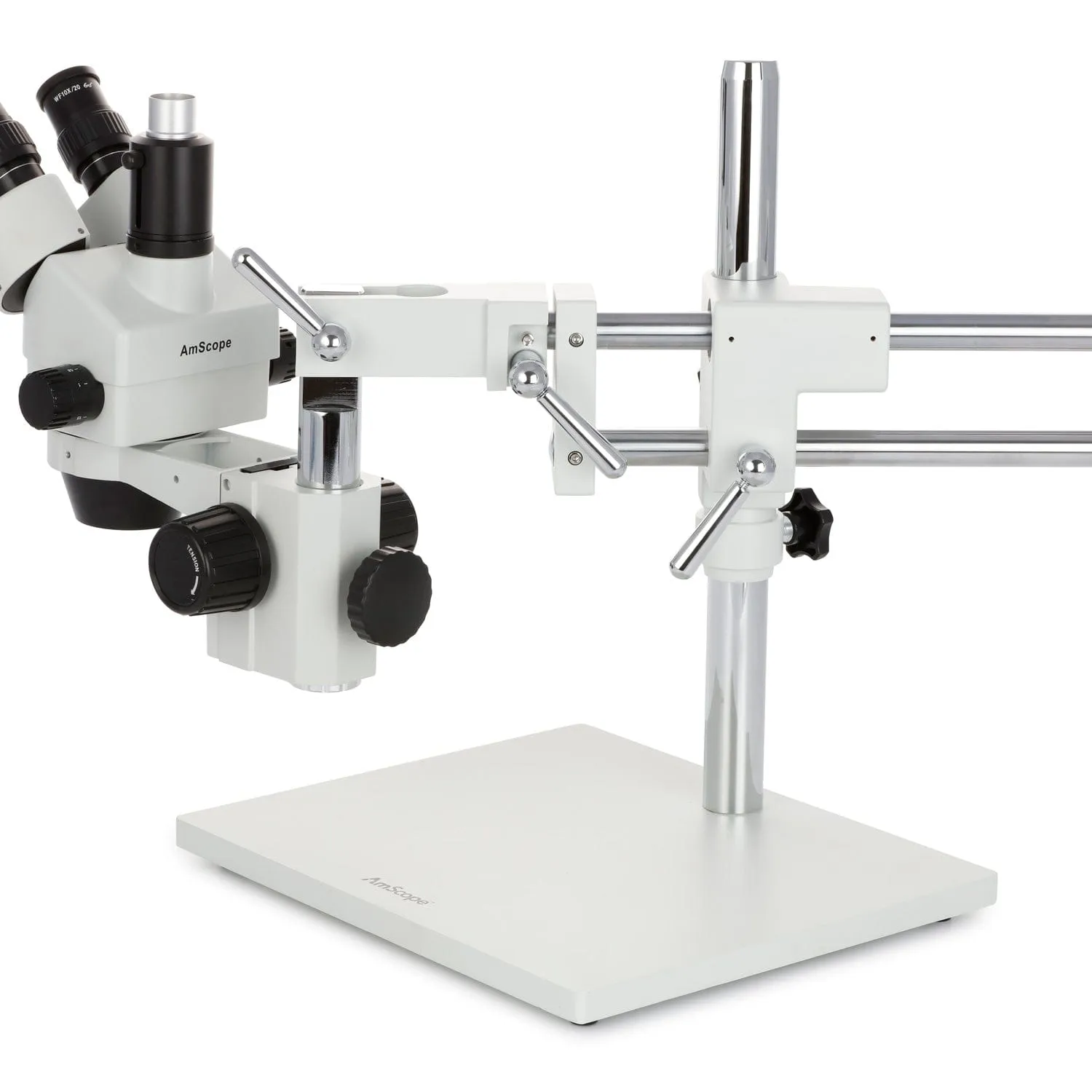 AmScope SM-4 Series Zoom Trinocular Stereo Microscope with 144 LED Compact Ring Light and HDMI Camera on Double Arm Boom Stand