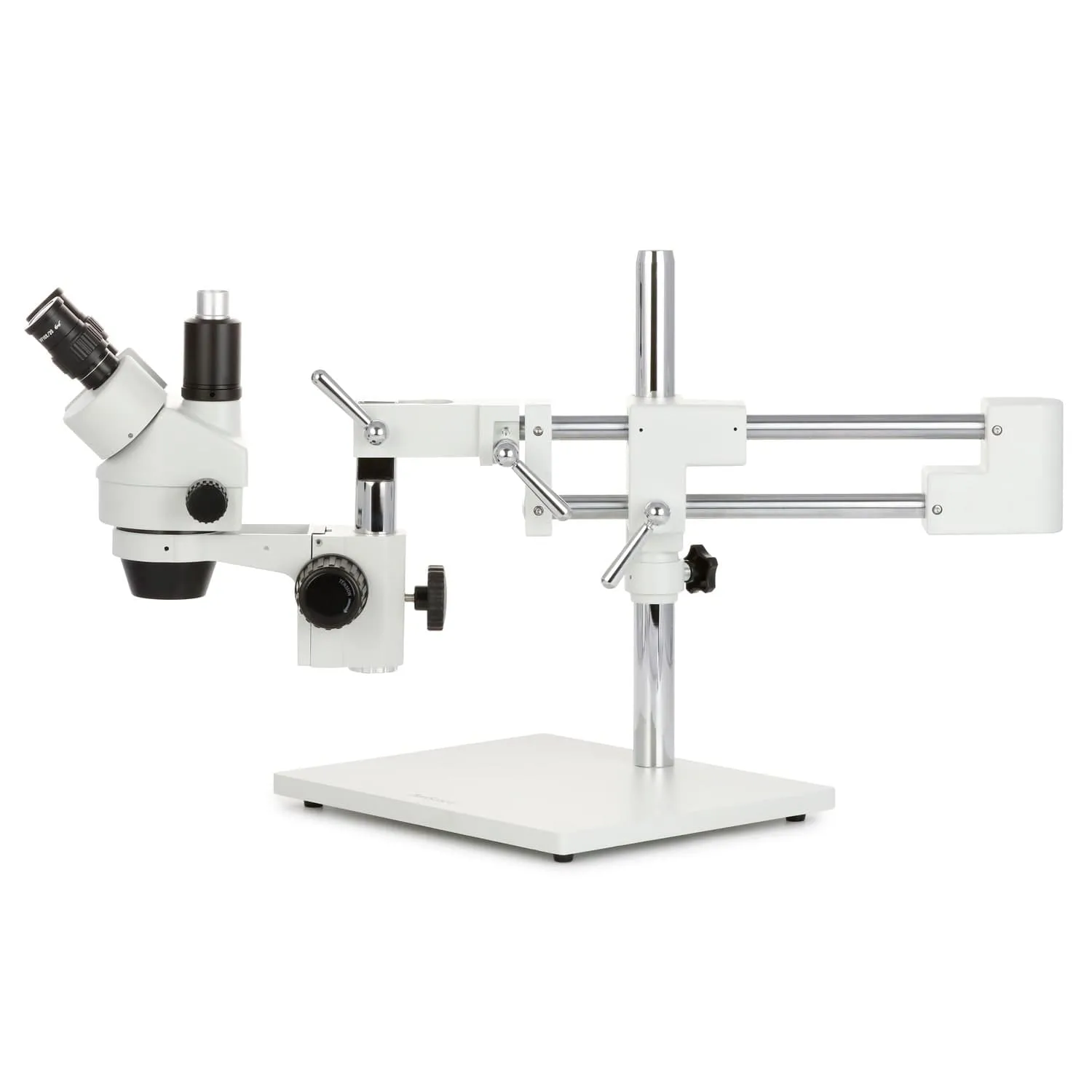 AmScope SM-4 Series Zoom Trinocular Stereo Microscope with 144 LED Compact Ring Light and HDMI Camera on Double Arm Boom Stand