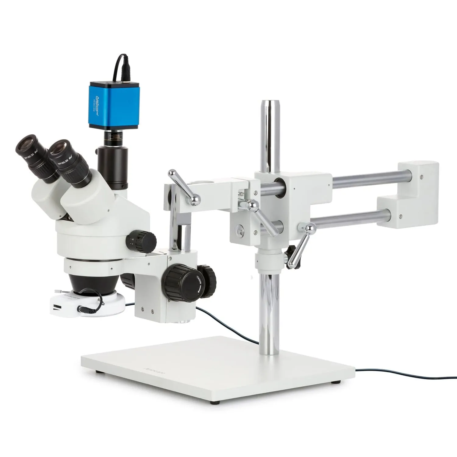 AmScope SM-4 Series Zoom Trinocular Stereo Microscope with 144 LED Compact Ring Light and HDMI Camera on Double Arm Boom Stand