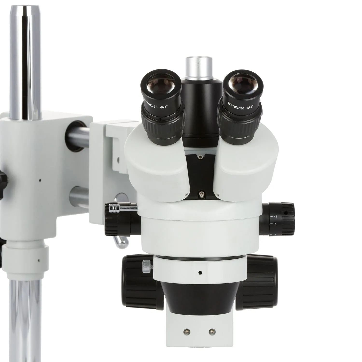 AmScope SM-4 Series Zoom Trinocular Stereo Microscope with 144 LED Compact Ring Light and HDMI Camera on Double Arm Boom Stand