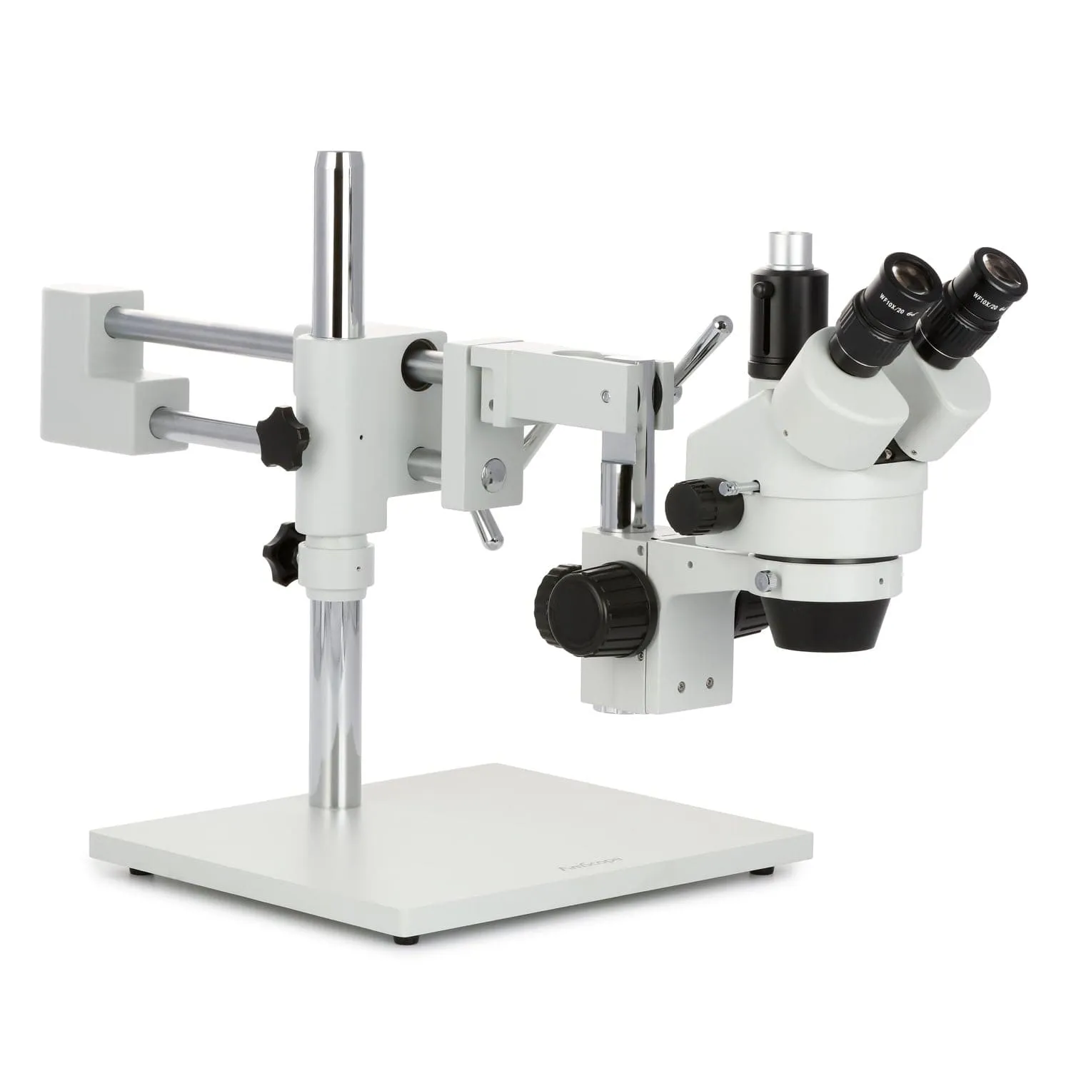 AmScope SM-4 Series Zoom Trinocular Stereo Microscope with 144 LED Compact Ring Light and HDMI Camera on Double Arm Boom Stand