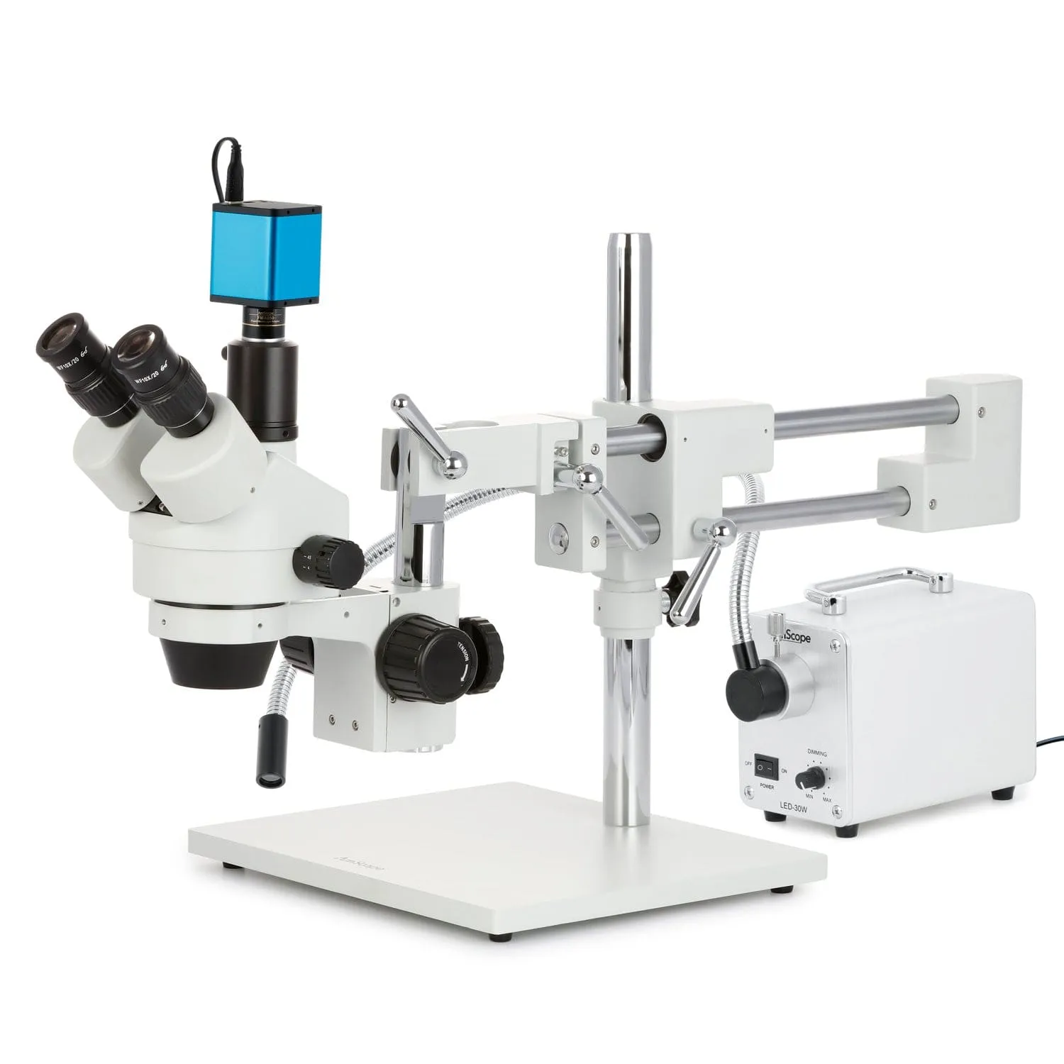AmScope SM-4 Series Zoom Trinocular Stereo Microscope with 30W LED Single Fiber Optic Gooseneck Light and Auto Focus Camera on Double Arm Boom Stand
