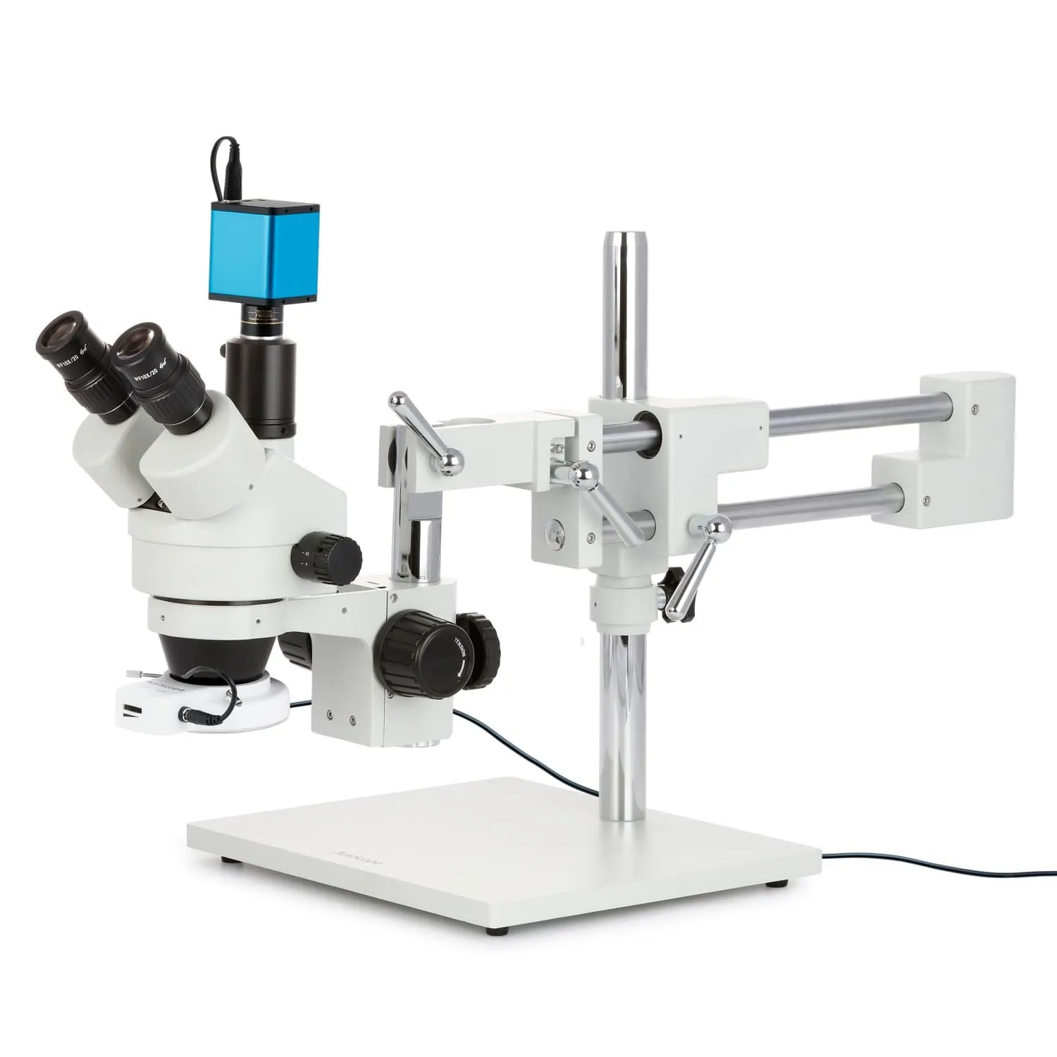 AmScope SM-4 Series Zoom Trinocular Stereo Microscope with 64 LED Compact Ring Light and Auto Focus Camera on Double Arm Boom Stand
