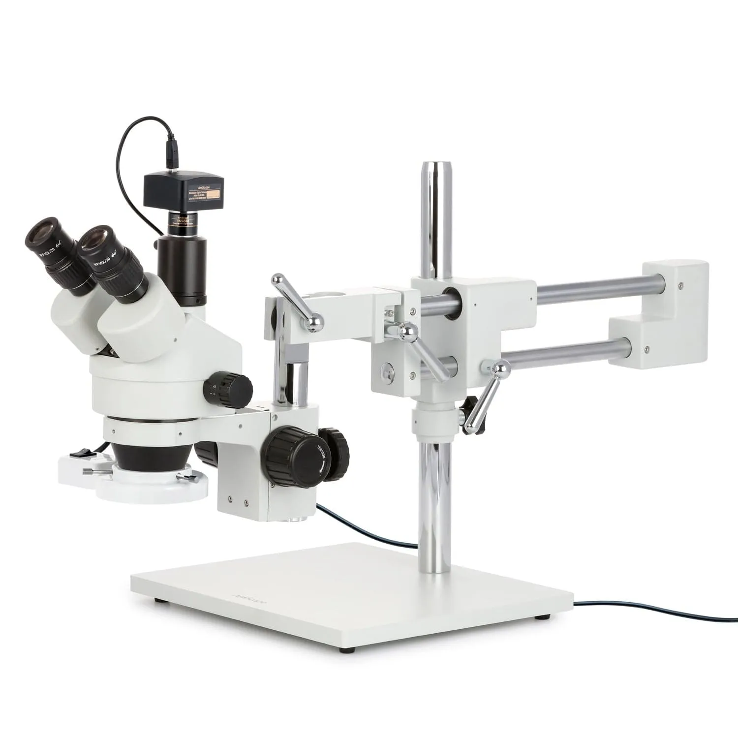 AmScope SM-4 Series Zoom Trinocular Stereo Microscope with 8W Fluorescent Ring Light and Optional Digital Camera on Double Arm Boom Stand