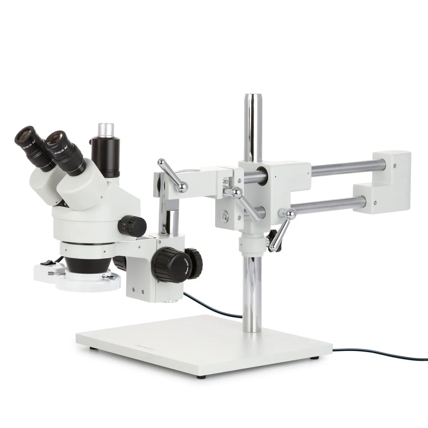 AmScope SM-4 Series Zoom Trinocular Stereo Microscope with 8W Fluorescent Ring Light and Optional Digital Camera on Double Arm Boom Stand