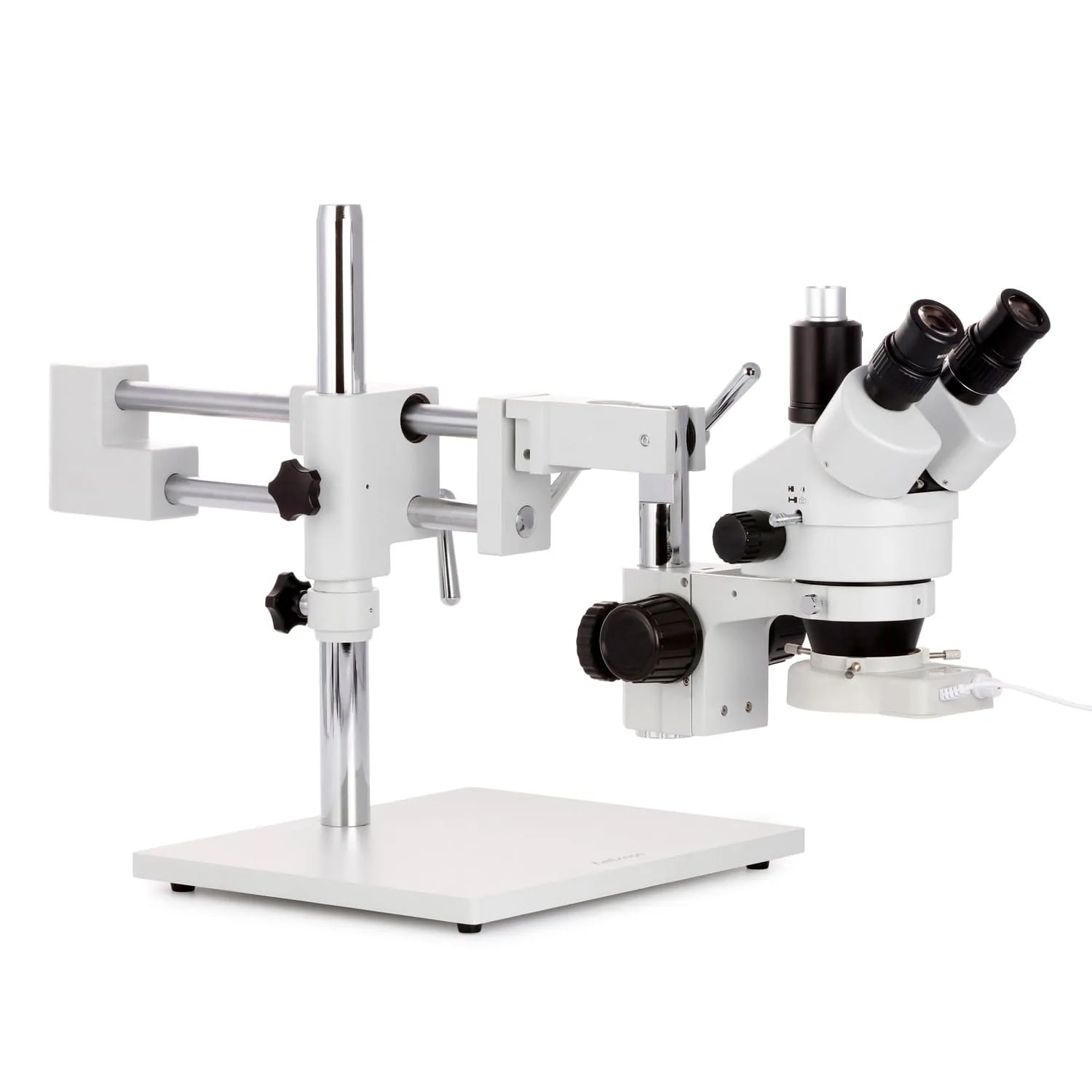 AmScope SM-4T Series Trinocular Zoom Stereo Microscope 7X-45X Magnification on Double Arm Boom Stand with 70-LED Ring Light