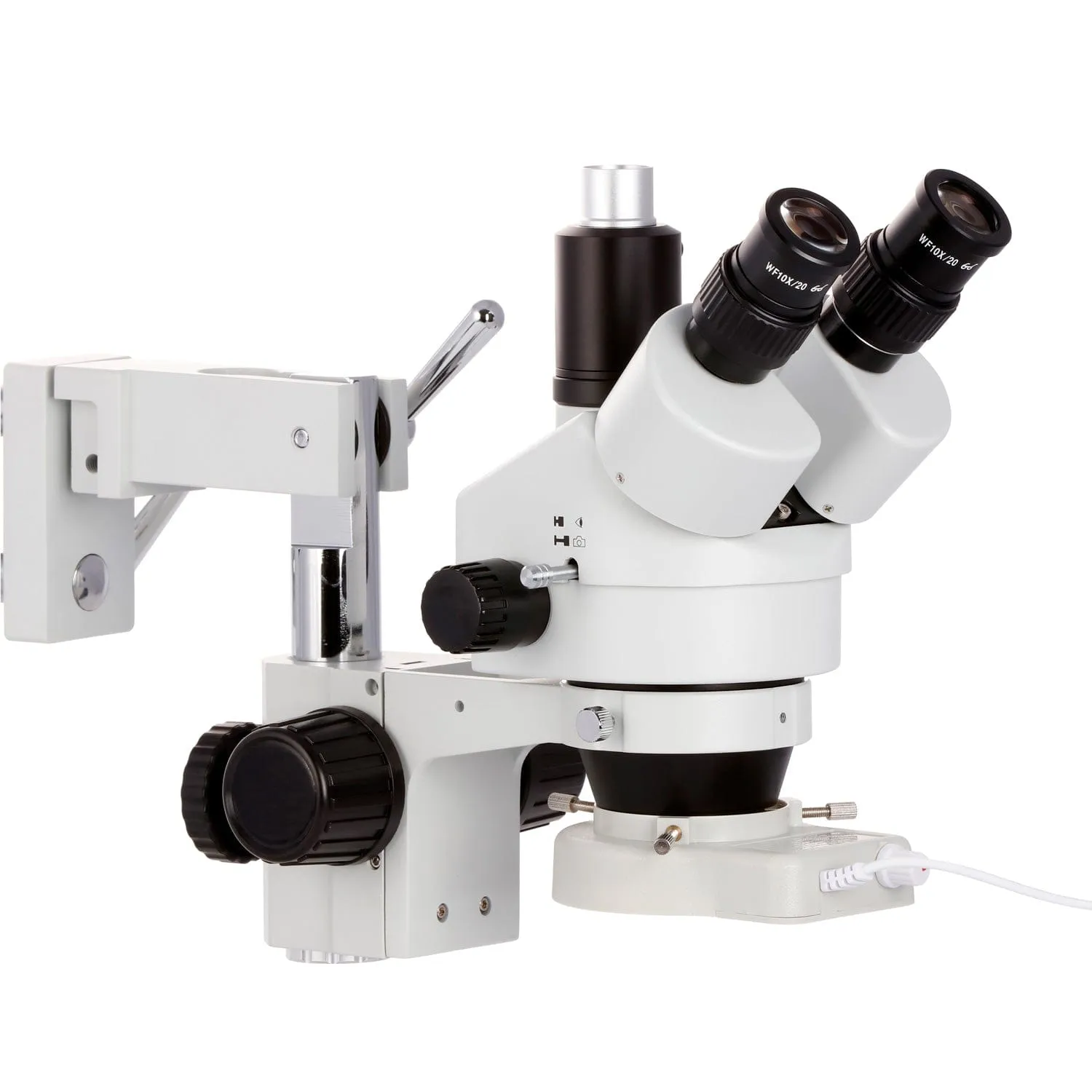 AmScope SM-4T Series Trinocular Zoom Stereo Microscope 7X-45X Magnification on Double Arm Boom Stand with 70-LED Ring Light