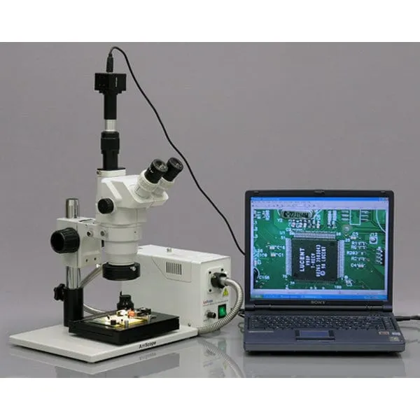 AmScope ZM-1 Series Ultimate Zoom Trinocular Stereo Microscope 3.35X-45X Magnification on Pillar Stand with Fiber Optical Ring Light