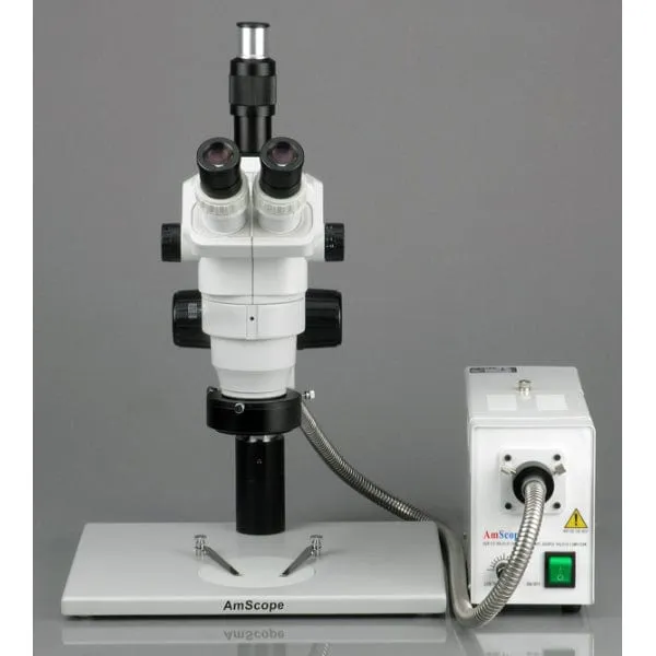 AmScope ZM-1 Series Ultimate Zoom Trinocular Stereo Microscope 3.35X-45X Magnification on Pillar Stand with Fiber Optical Ring Light