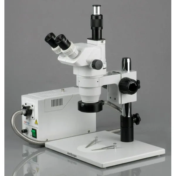 AmScope ZM-1 Series Ultimate Zoom Trinocular Stereo Microscope 3.35X-45X Magnification on Pillar Stand with Fiber Optical Ring Light
