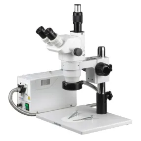 AmScope ZM-1 Series Ultimate Zoom Trinocular Stereo Microscope 3.35X-45X Magnification on Pillar Stand with Fiber Optical Ring Light
