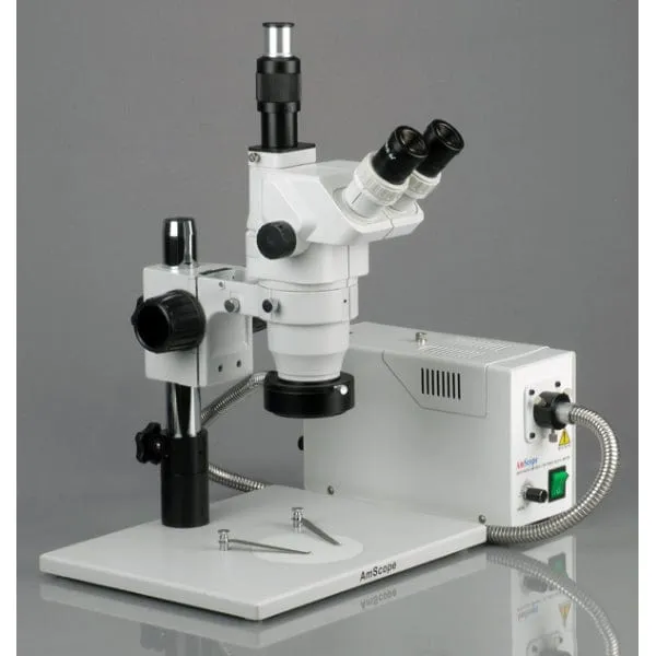 AmScope ZM-1 Series Ultimate Zoom Trinocular Stereo Microscope 3.35X-45X Magnification on Pillar Stand with Fiber Optical Ring Light