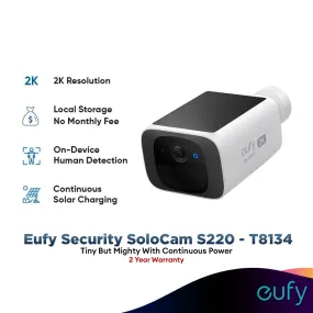 Anker T8134 SoloCam S220 Solar Security Camera Wireless Outdoor Camera Forever Power 2K Resolution Wireless 2.4 GHz Wi-Fi