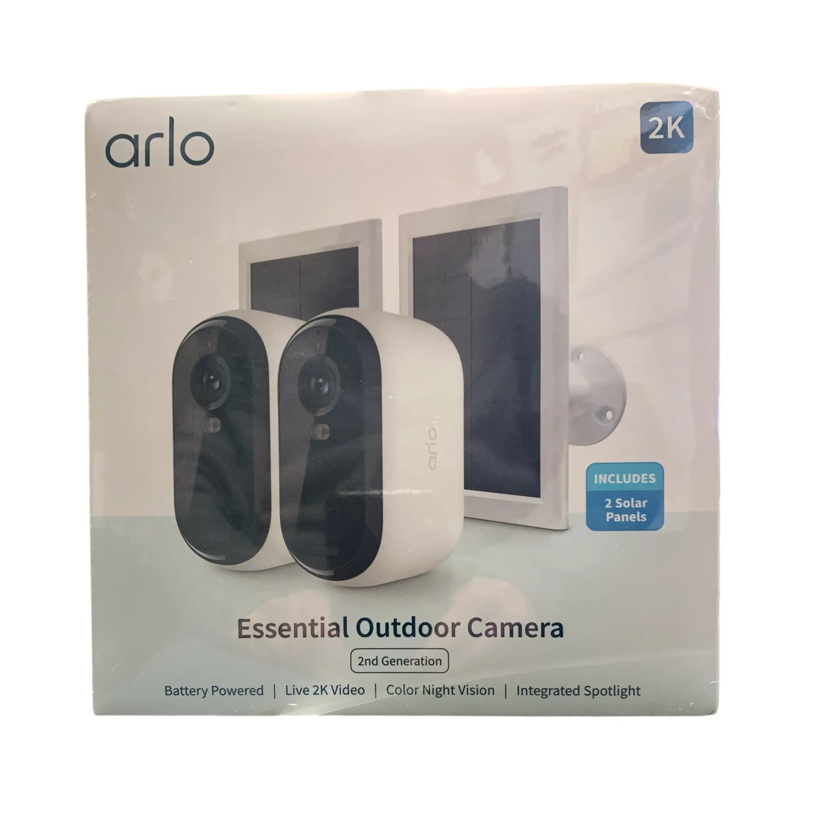 Arlo 2nd Generation Essential 2K Outdoor Security Camera, 2-Pack & Solar Panels