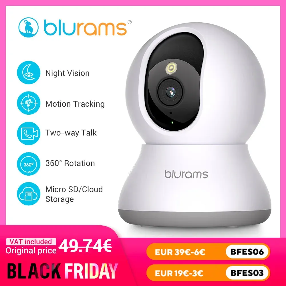 Blurams 2.4GHz WiFi Indoor Camera, 2K, 360° PTZ Pet Dog IP CCTV Camera with Phone App, 2-Way Talk, Night Vision, for Home Securi