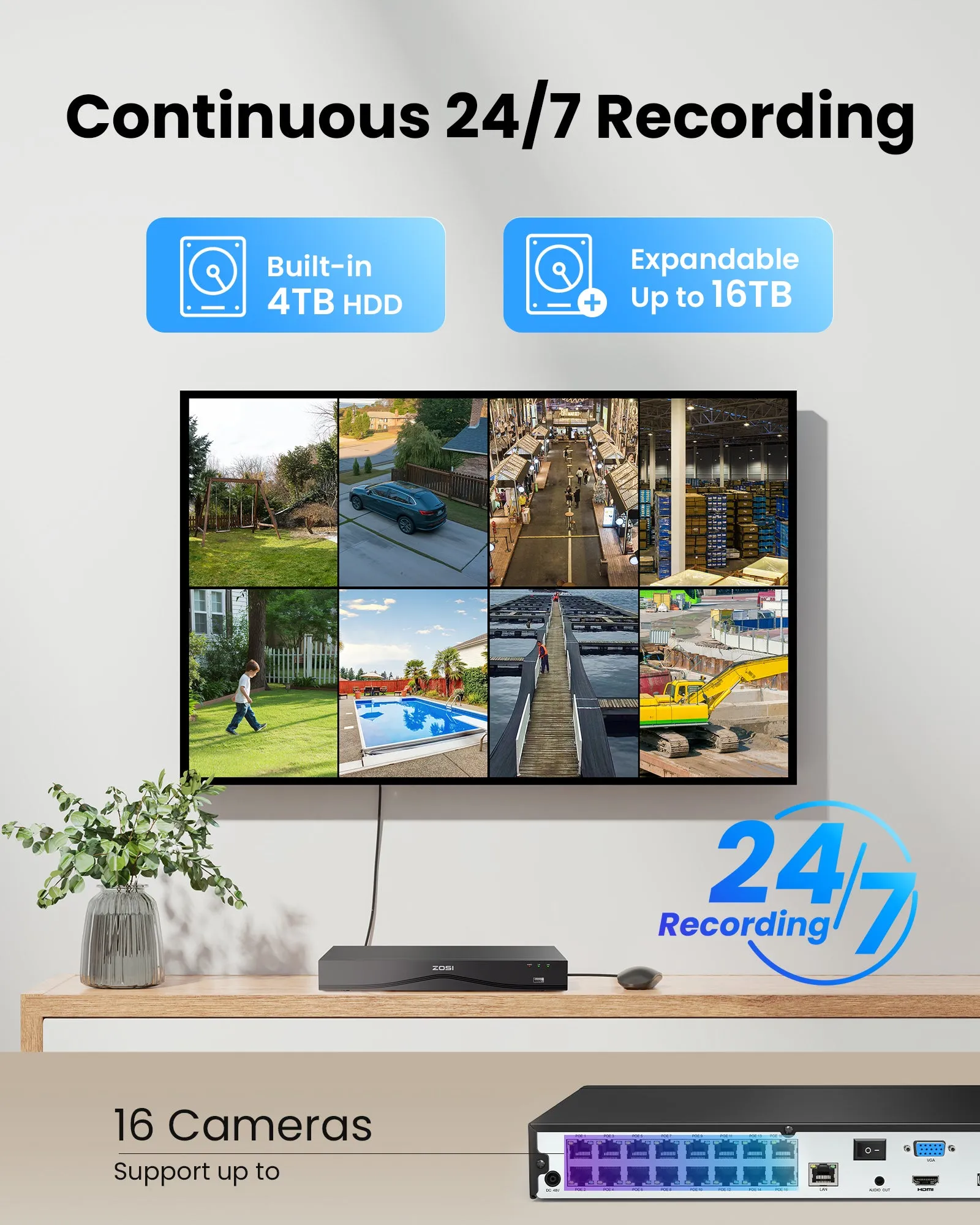 C225 4K 16CH Security System(32-Camera Capable)   NVR Support Dual Hard Drive   4TB HDD