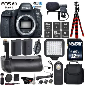 Canon EOS 6D Mark II DSLR Camera (Body Only)   Professional Battery Grip   Condenser Microphone   LED Kit   Extra Battery Starter Bundle