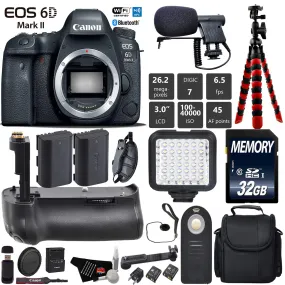 Canon EOS 6D Mark II DSLR Camera (Body Only)   Professional Battery Grip   Condenser Microphone   LED Kit   Extra Battery Starter Bundle