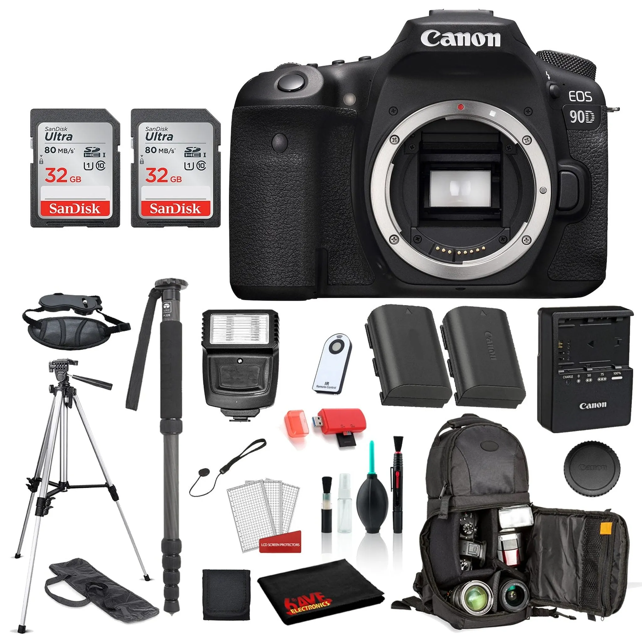 Canon EOS 90D Digital SLR Camera Body Only Bundle: SanDisk 32GB SD Card (2CT)    Battery for LPE6   72? Tripod   MORE