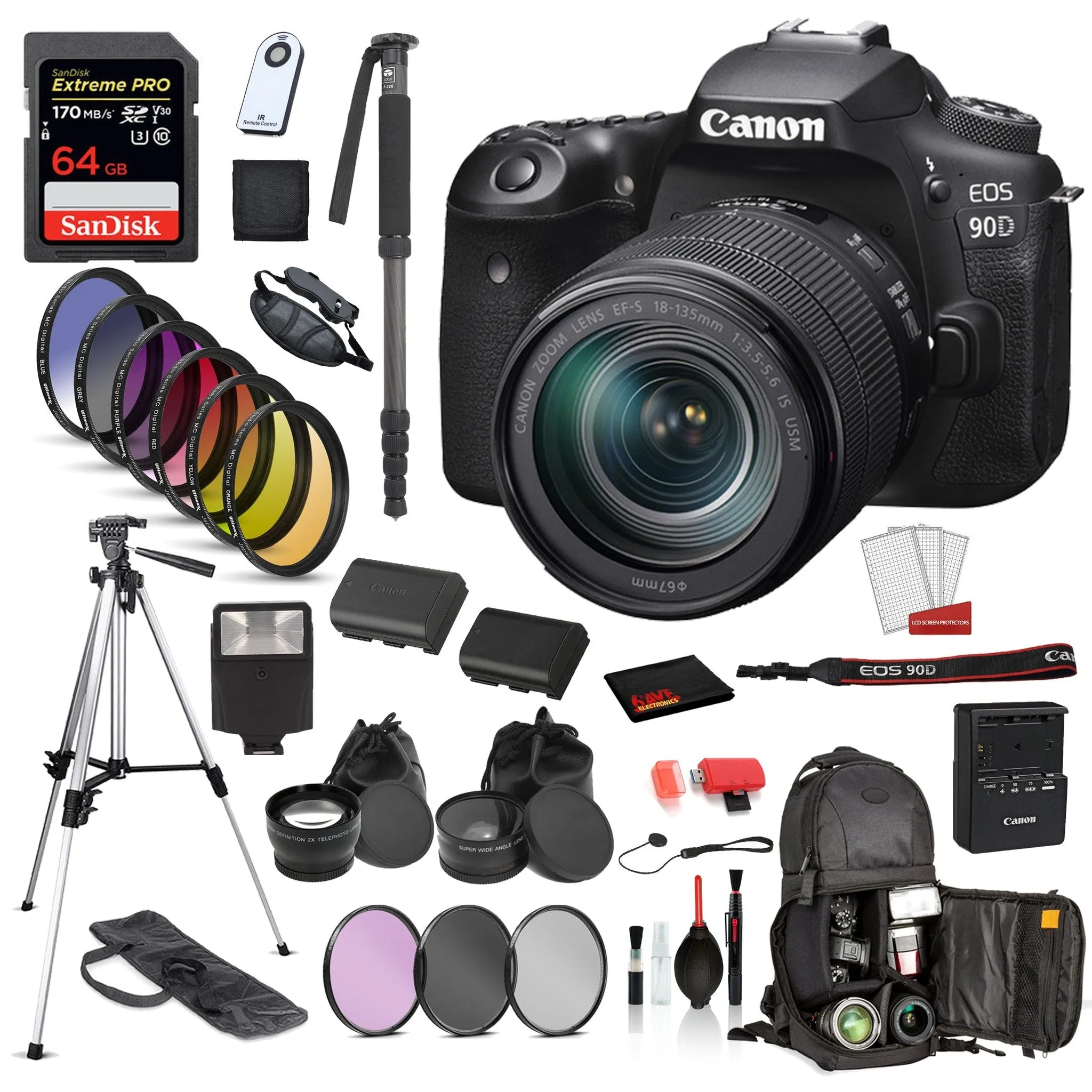 Canon EOS 90D DSLR Camera with 18-135mm Lens  Bundle: SanDisk Extreme Pro 64gb SD   Battery for LPE6   MORE
