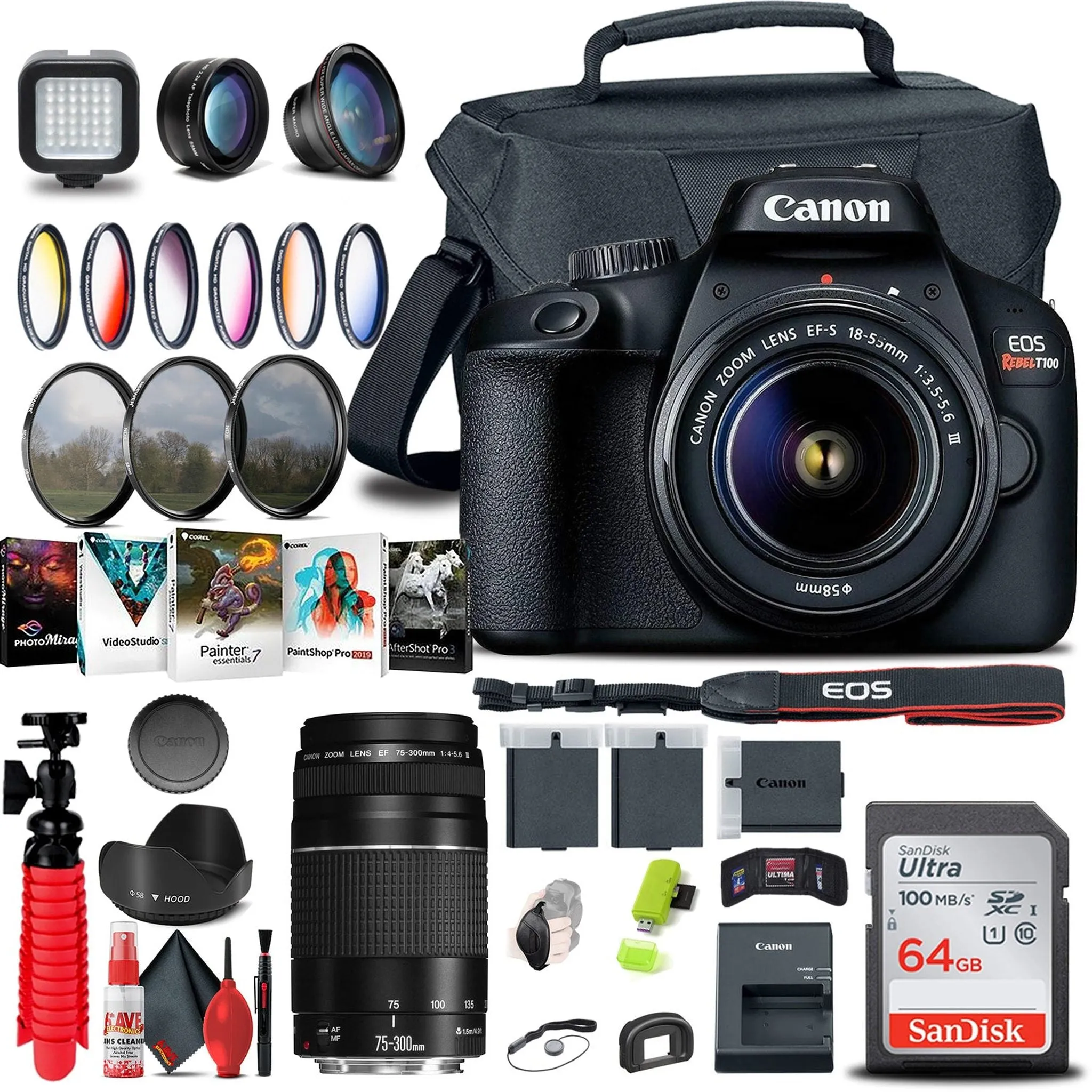 Canon EOS Rebel T100 / 4000D DSLR Camera with 18-55mm Lens   EF 75-300mm Outdoor bundle