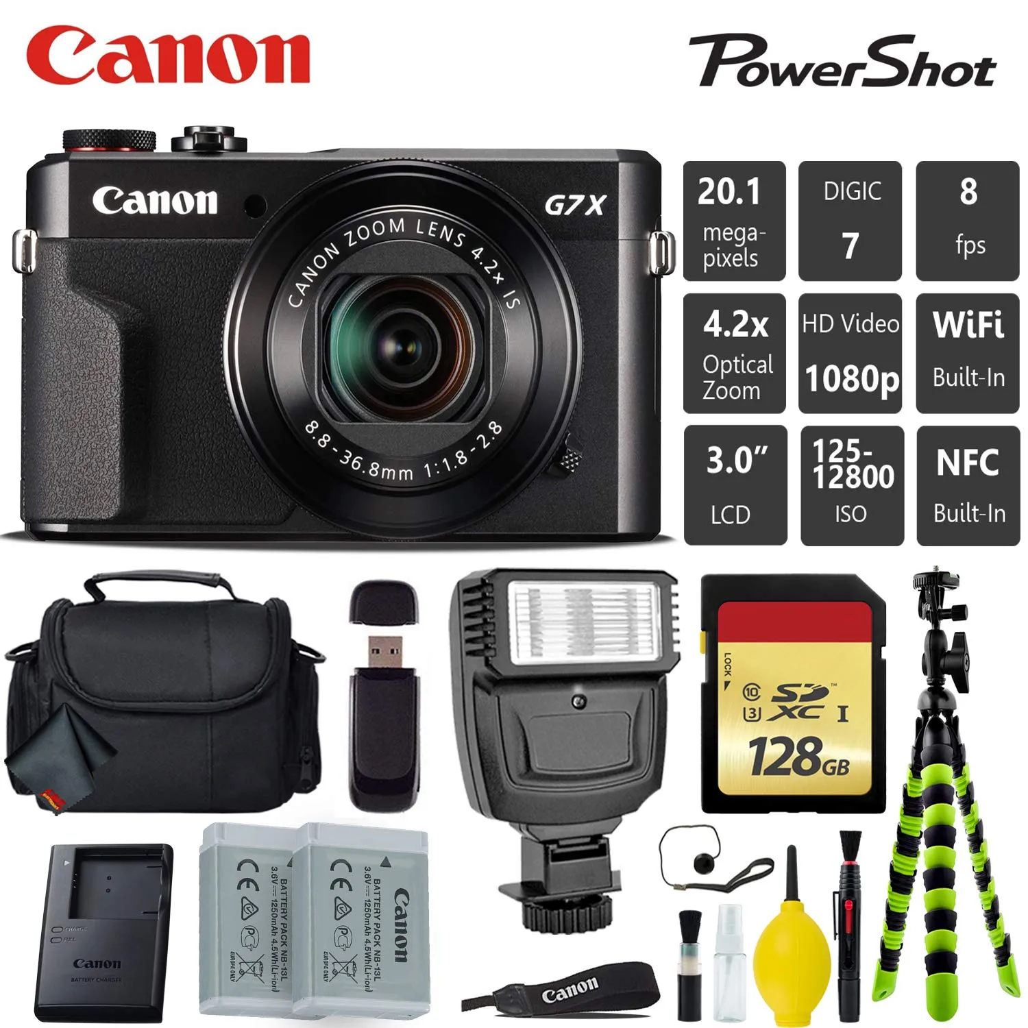 Canon PowerShot G7 X Mark II Point and Shoot Digital Camera   Extra Battery   Digital Flash   Camera Case   128GB Card Advanced Bundle