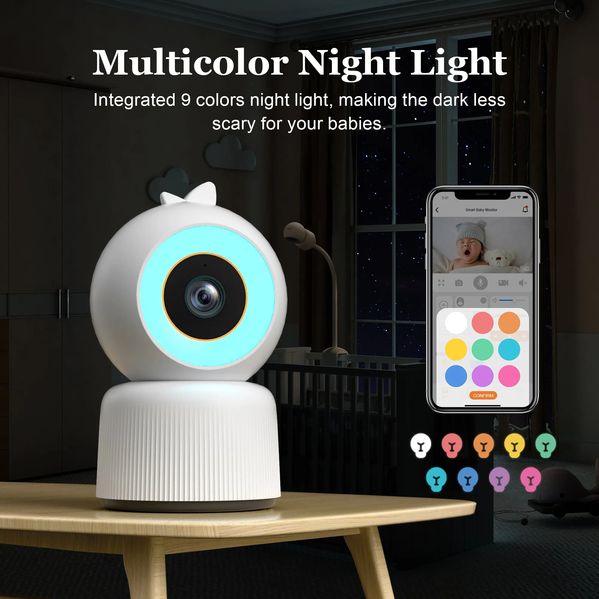 Cheego Orange 3MP HD Smart Baby Monitor with Camera and Audio, A.I. Safety Alerts, Two Way Talk, Night Vision, 4X Zoom, Room Humidity & Temp, Cry Detection, Multicolor Night Lamp