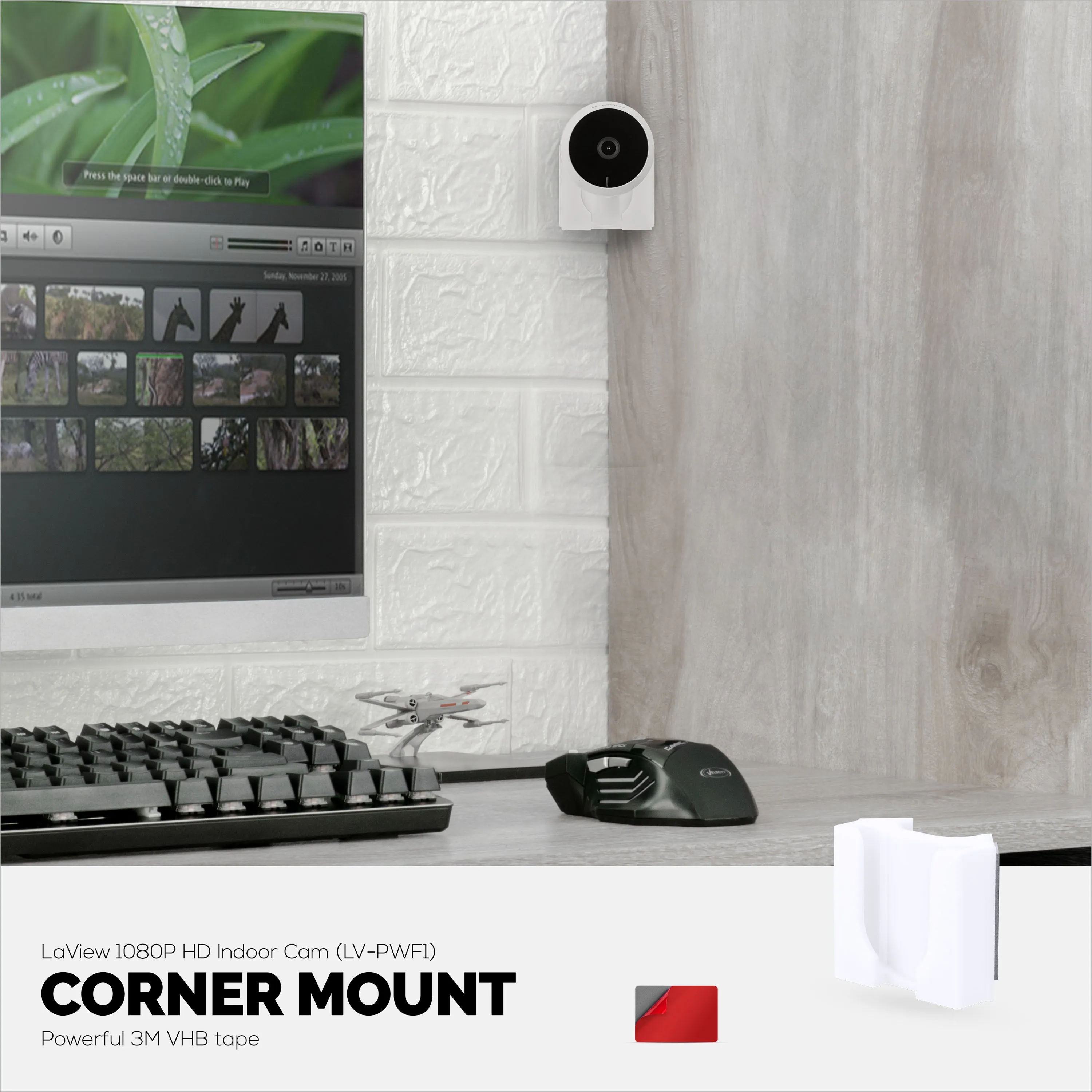 Corner Wall Mount for LaView LV-PWF1 1080P HD Indoor Camera, Adhesive Security Cam Holder Bracket, Reduce Blind Spots & Clutter, Adhesive & Screw-In
