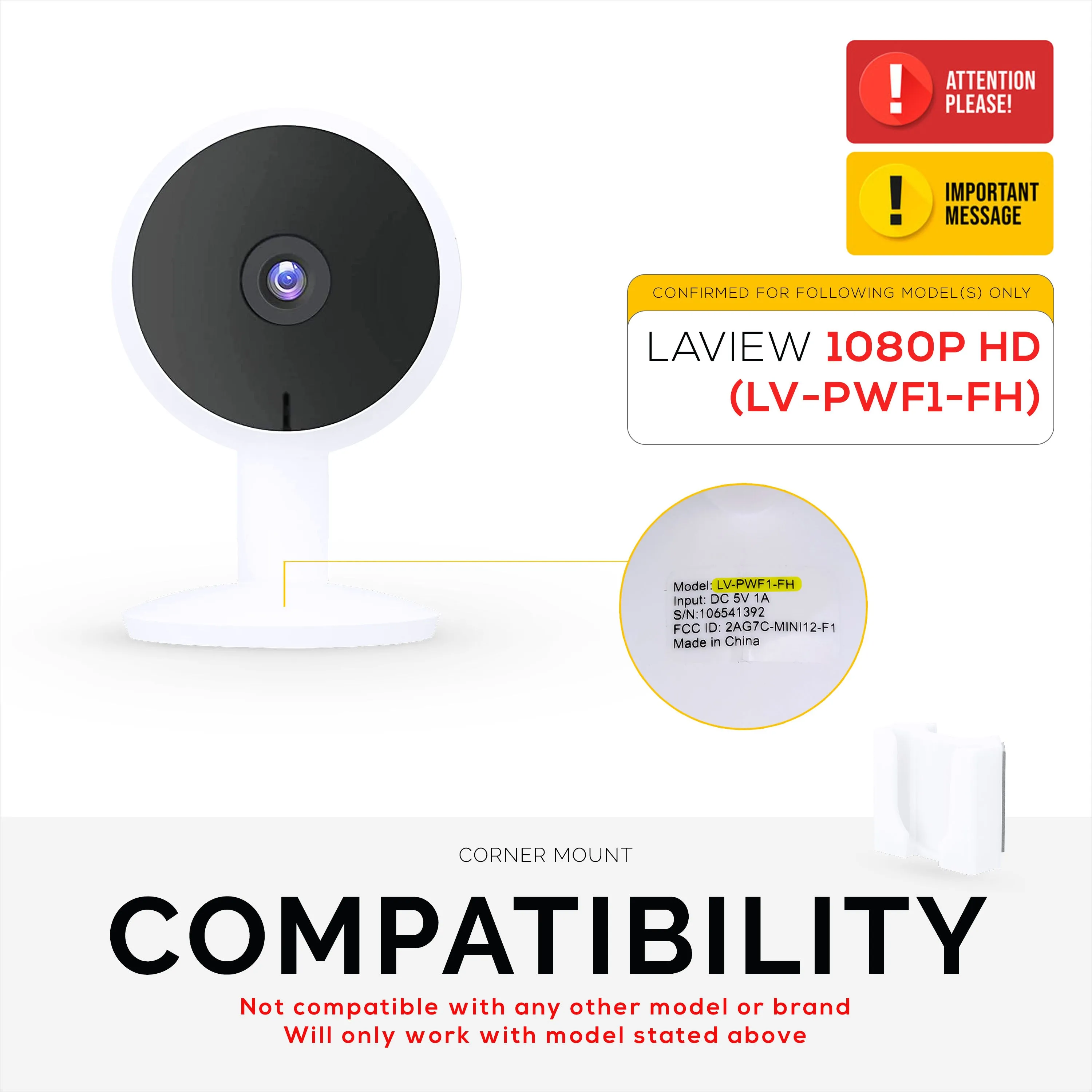 Corner Wall Mount for LaView LV-PWF1 1080P HD Indoor Camera, Adhesive Security Cam Holder Bracket, Reduce Blind Spots & Clutter, Adhesive & Screw-In