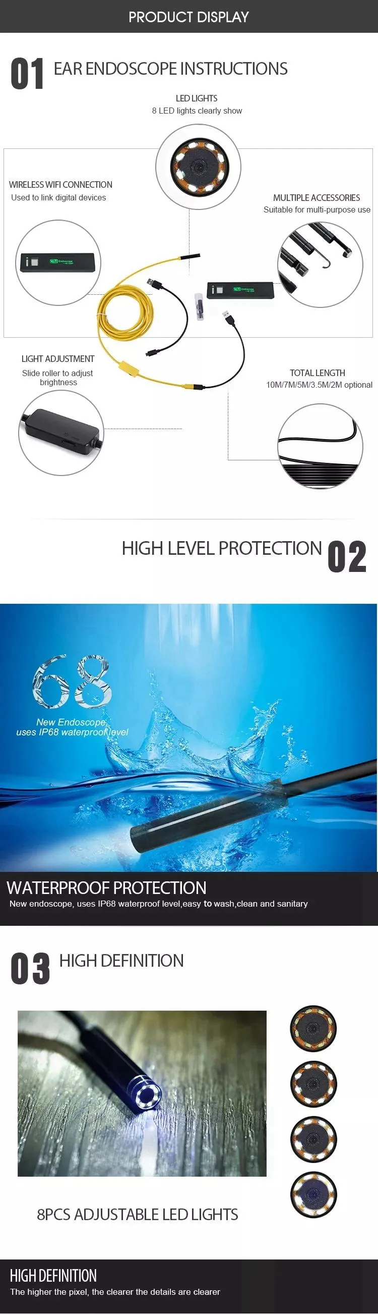 Factory Customized 1200P WIFI Endoscope HD Camera Wireless Endoscope Camera Wifi Endoscope
