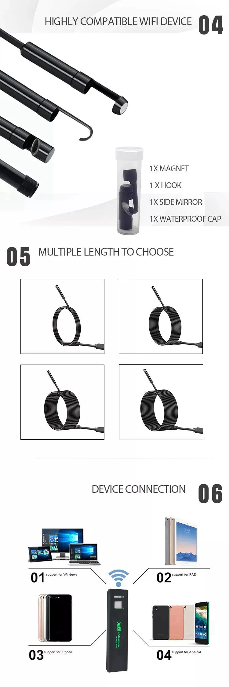 Factory Customized 1200P WIFI Endoscope HD Camera Wireless Endoscope Camera Wifi Endoscope