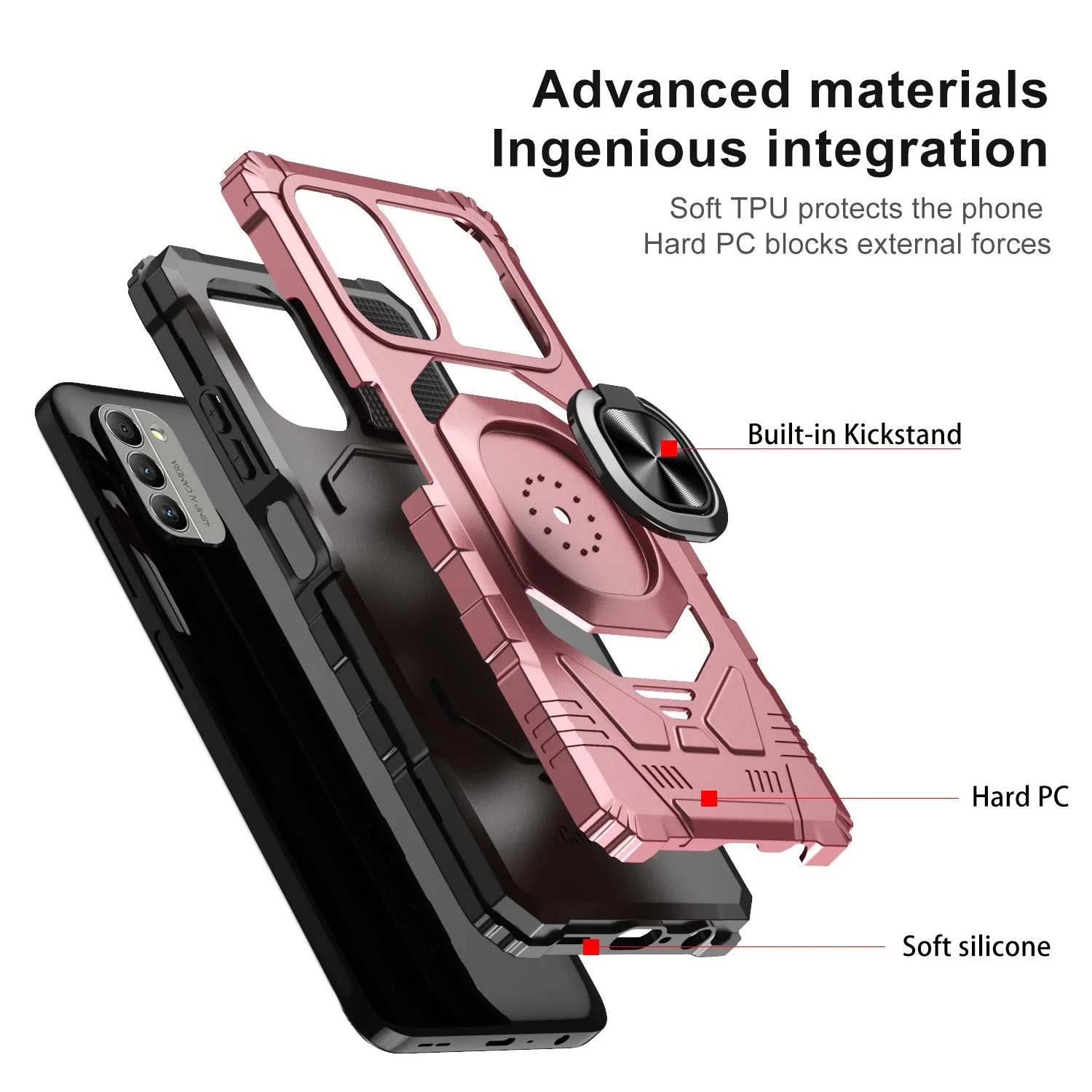 For Nokia G400 5G Case [Military Grade] Ring Car Mount Kickstand w/[Tempered Glass] Hybrid Hard PC Soft TPU Shockproof Protective Case - Rose Gold