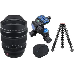 FUJIFILM XF 8-16mm f/2.8 R LM WR Lens with Geared Tripod Head and Stand   Universal Lens Cap Bundle