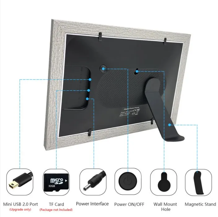 Grey Wood Digital Photo Frame - 10.1 Inch Display