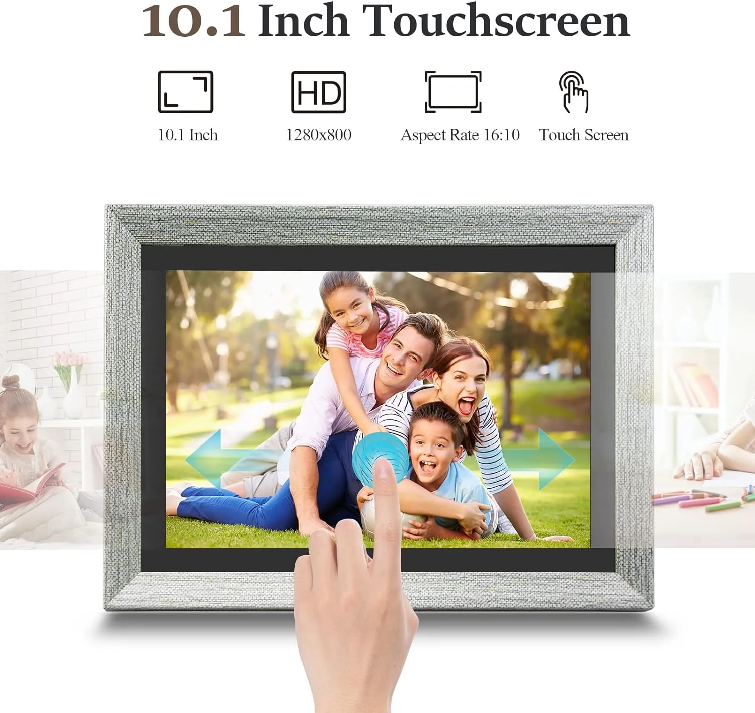 Grey Wood Digital Photo Frame - 10.1 Inch Display