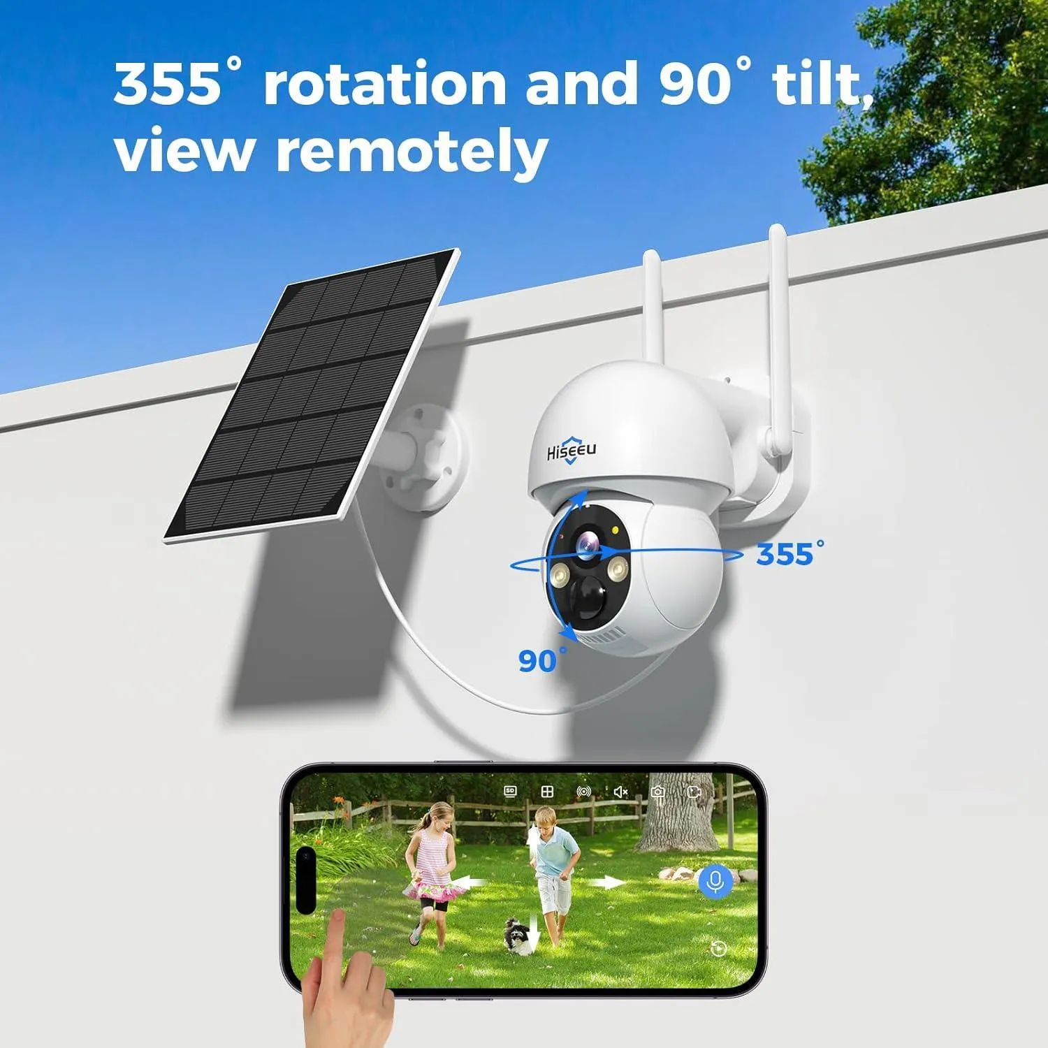 Hiseeu Solar Camera Outdoor, 4MP Wireless Battery Camera, PTZ 360° View, PIR Motion Detection, Color Night Vision, IP66, 2-Way Audio, 2.4G WiFi