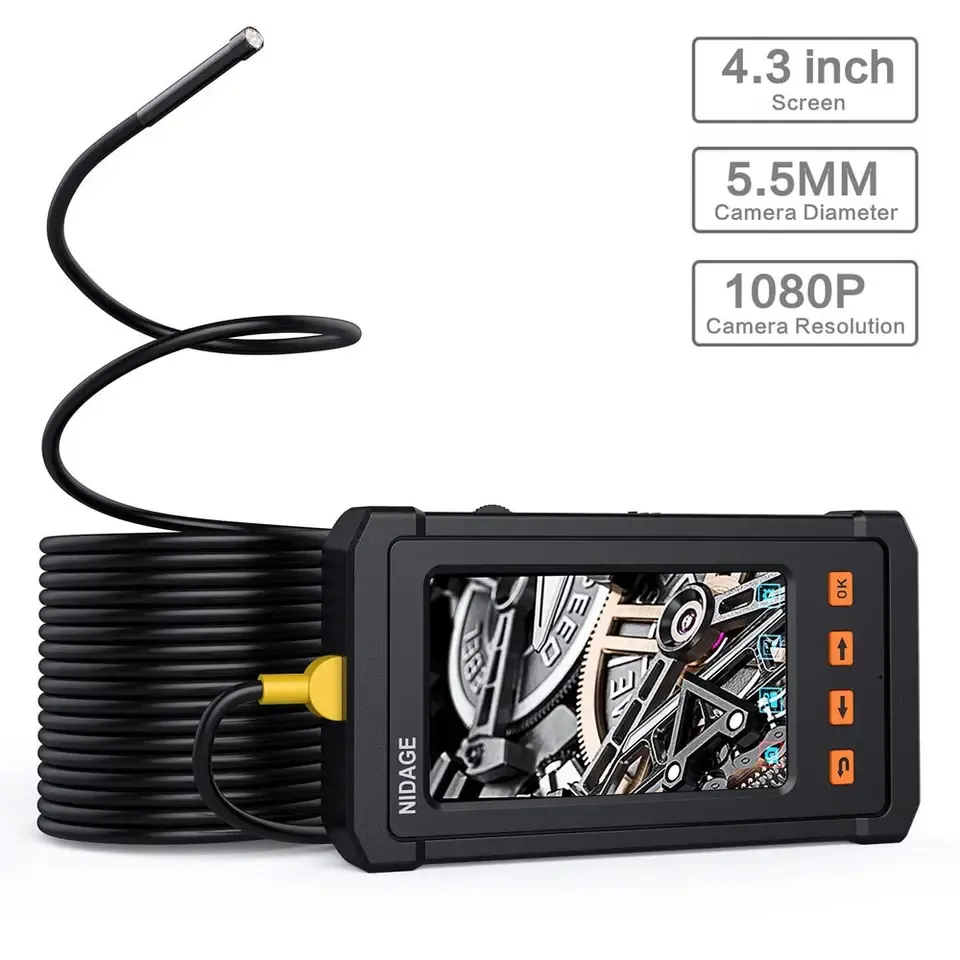 Industrial Endoscope with Screen 4.3 inch Micro Inspection Camera with LED Light Waterproof Borescope with Semi-Rigid Metal