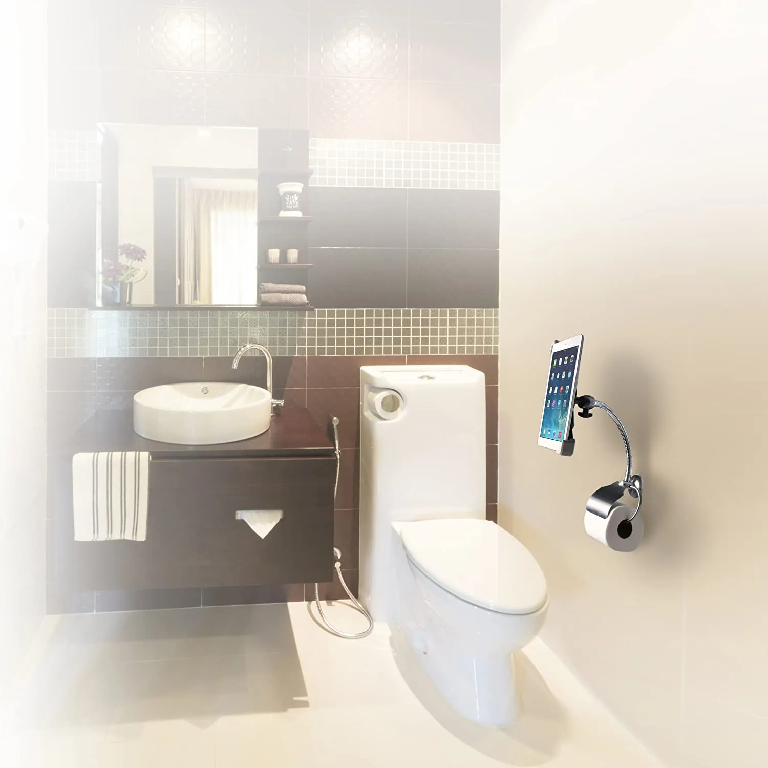 ITEM# 0010   CTA Digital Wall-Mount Bathroom Stand for iPad and Tablets with Paper Holder PAD-WBS (Watch Video)