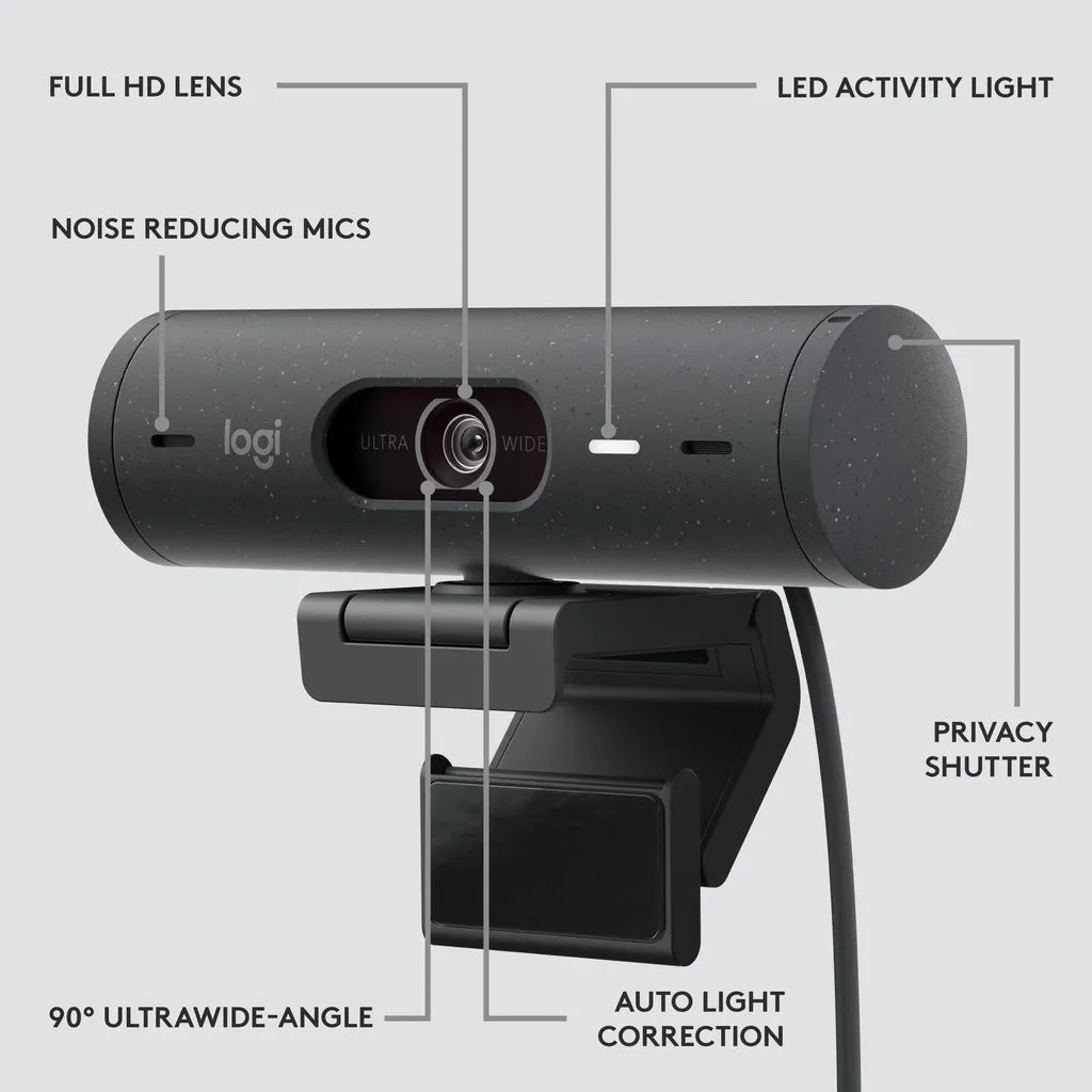 Logitech Brio 500 Full HD FHD Webcam - Auto Light Correction, Show Mode, Dual Noise Reduction Mics, Work on Teams & Zoom - Graphite, Off White, Rose