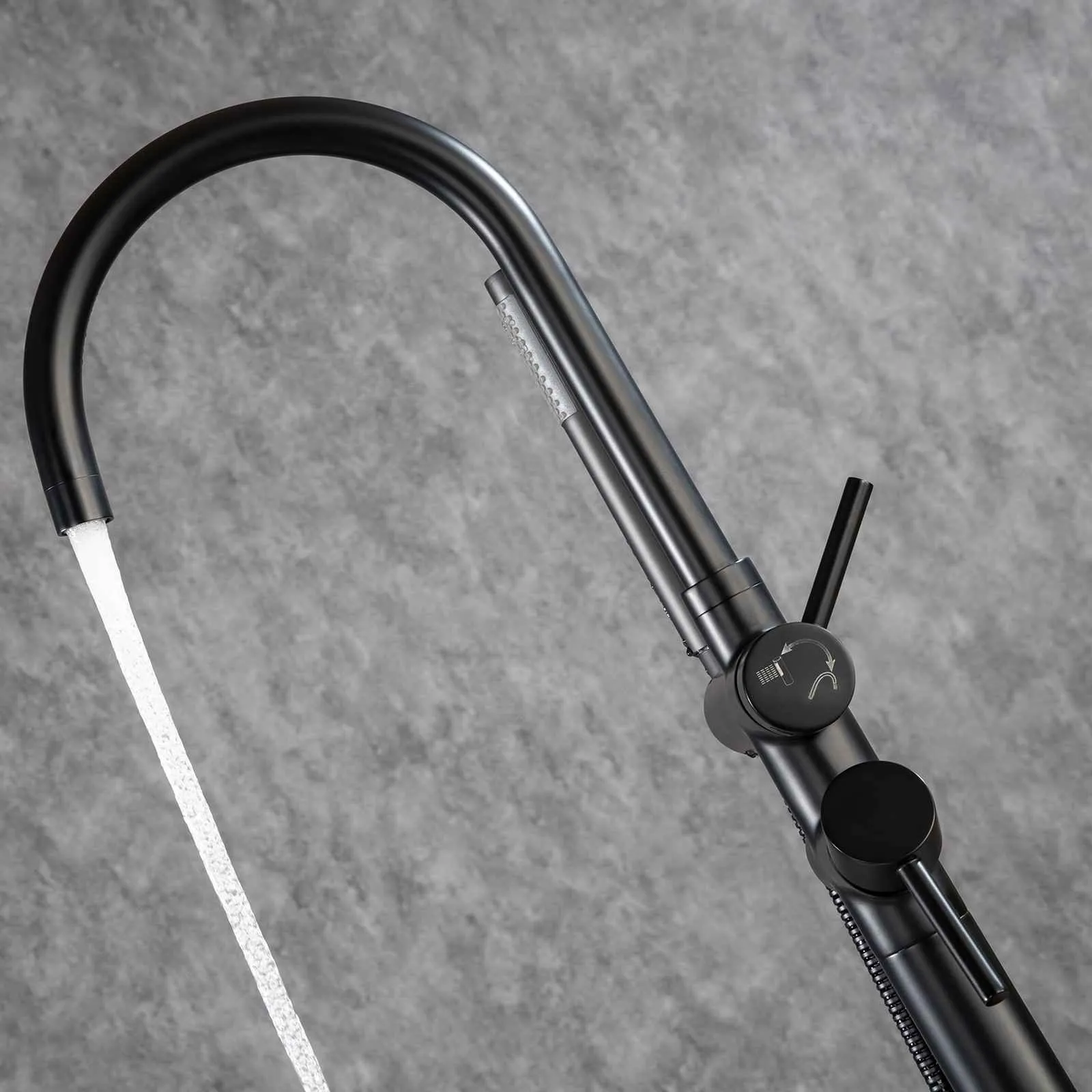 Matte Black Classic Independent Freestanding Tub Filler Faucet with Handheld Shower 360° Swivel Spout
