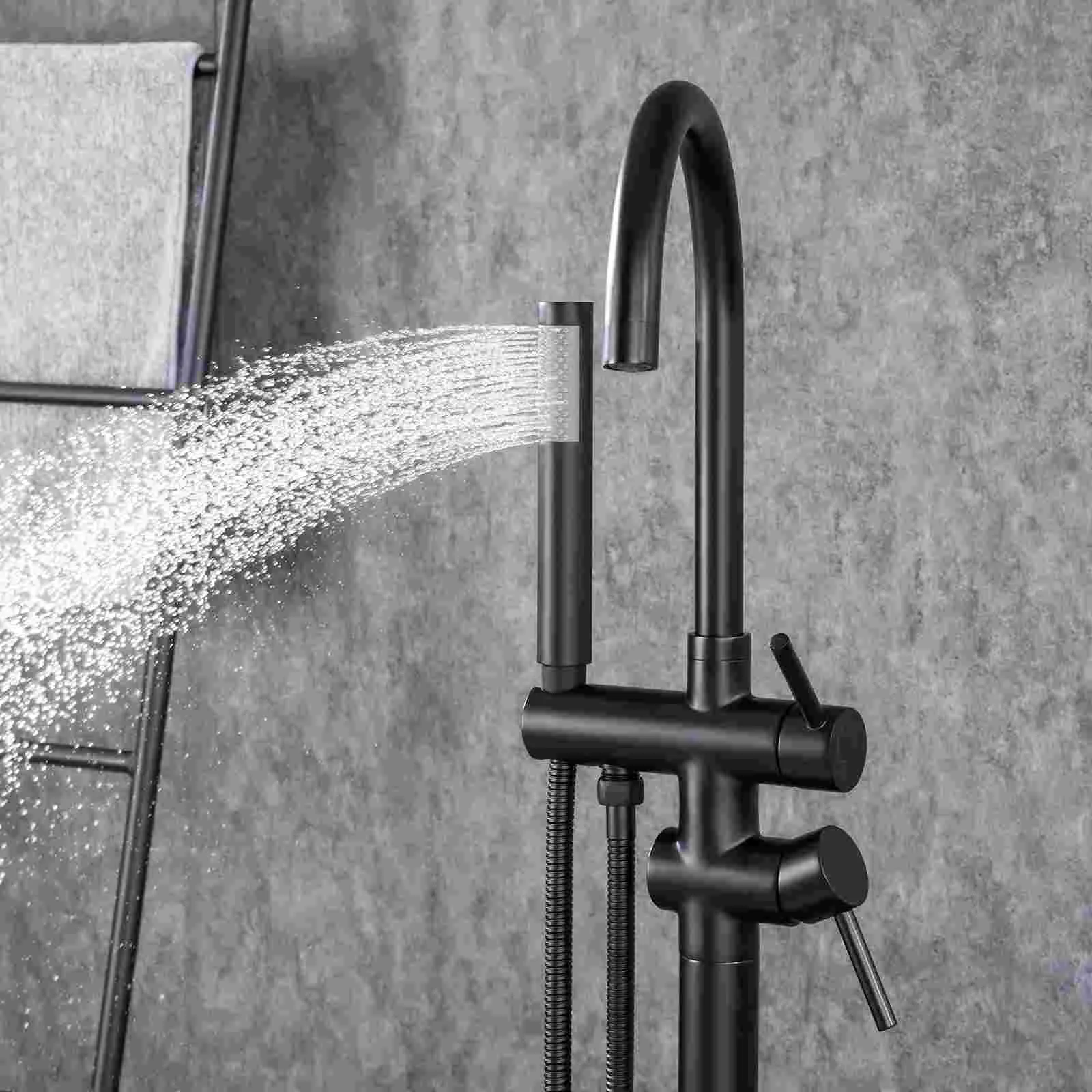 Matte Black Classic Independent Freestanding Tub Filler Faucet with Handheld Shower 360° Swivel Spout