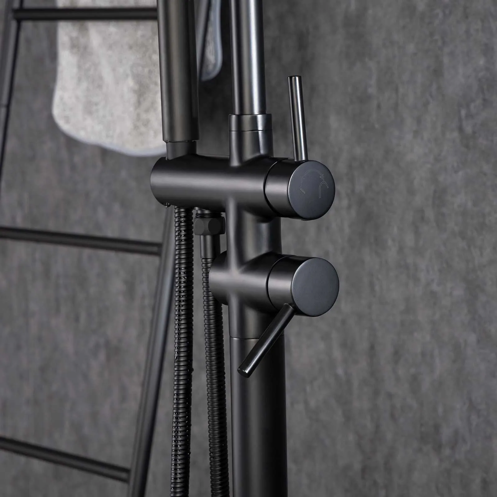 Matte Black Classic Independent Freestanding Tub Filler Faucet with Handheld Shower 360° Swivel Spout