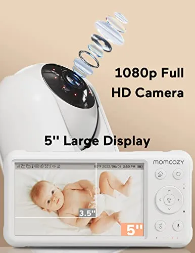 Momcozy Video Baby Monitor, 1080P 5" HD Baby Monitor with Camera and Audio, Infrared Night Vision, 5000mAh Battery, 2-Way Audio, Wide-angle View Temperature Sensor Lullabies and 960ft Range Ideal Gift