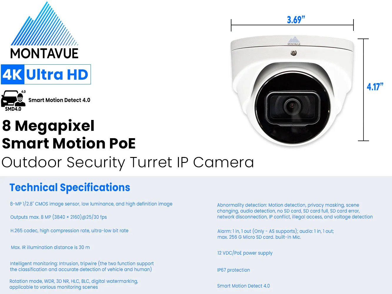 MTT8108-X Package | 8MP 4K SMD 4.0 Turret Cameras and 16 Channel NVR with 3TB HDD