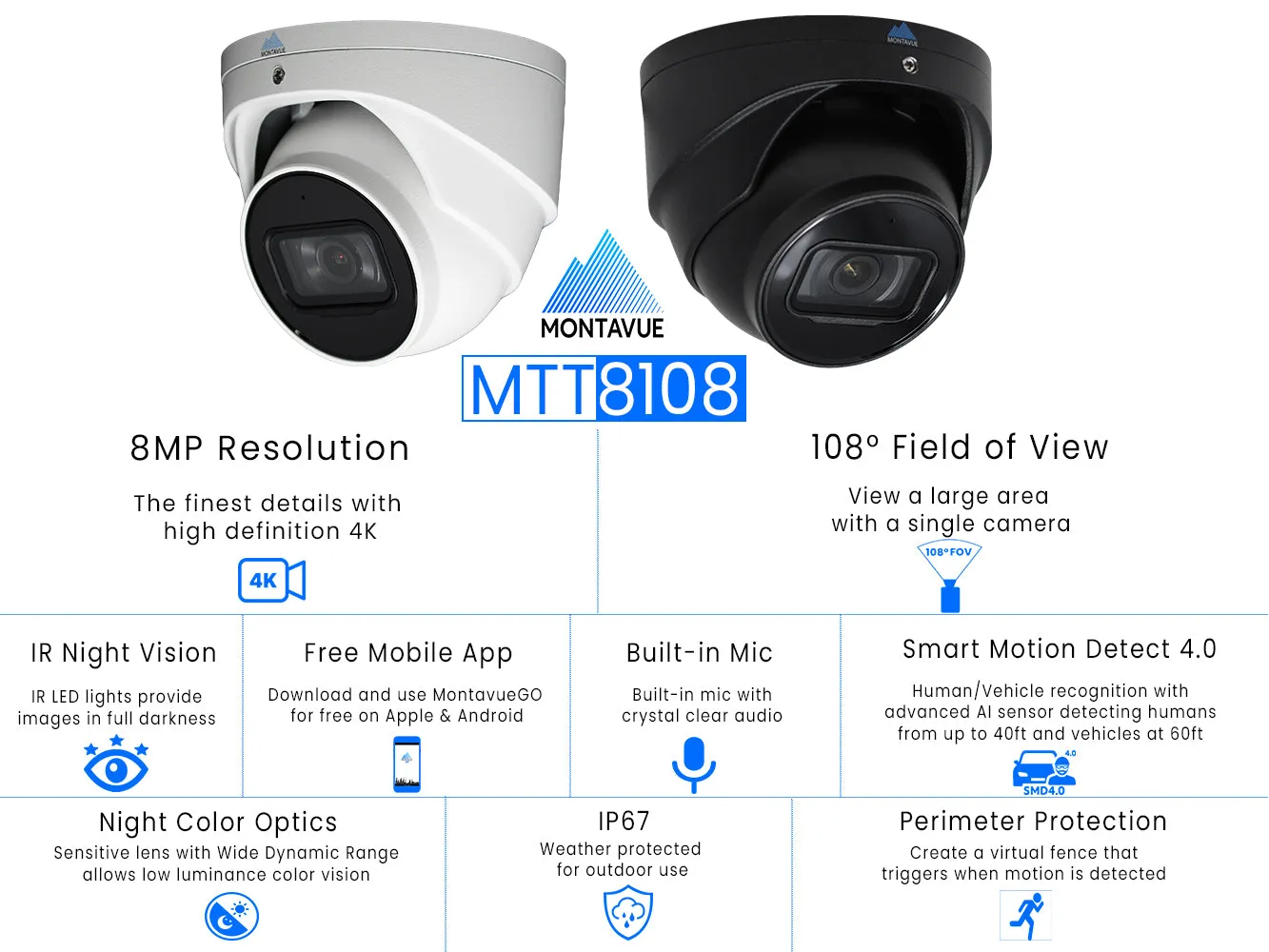 MTT8108-X Package | 8MP 4K SMD 4.0 Turret Cameras and 16 Channel NVR with 3TB HDD