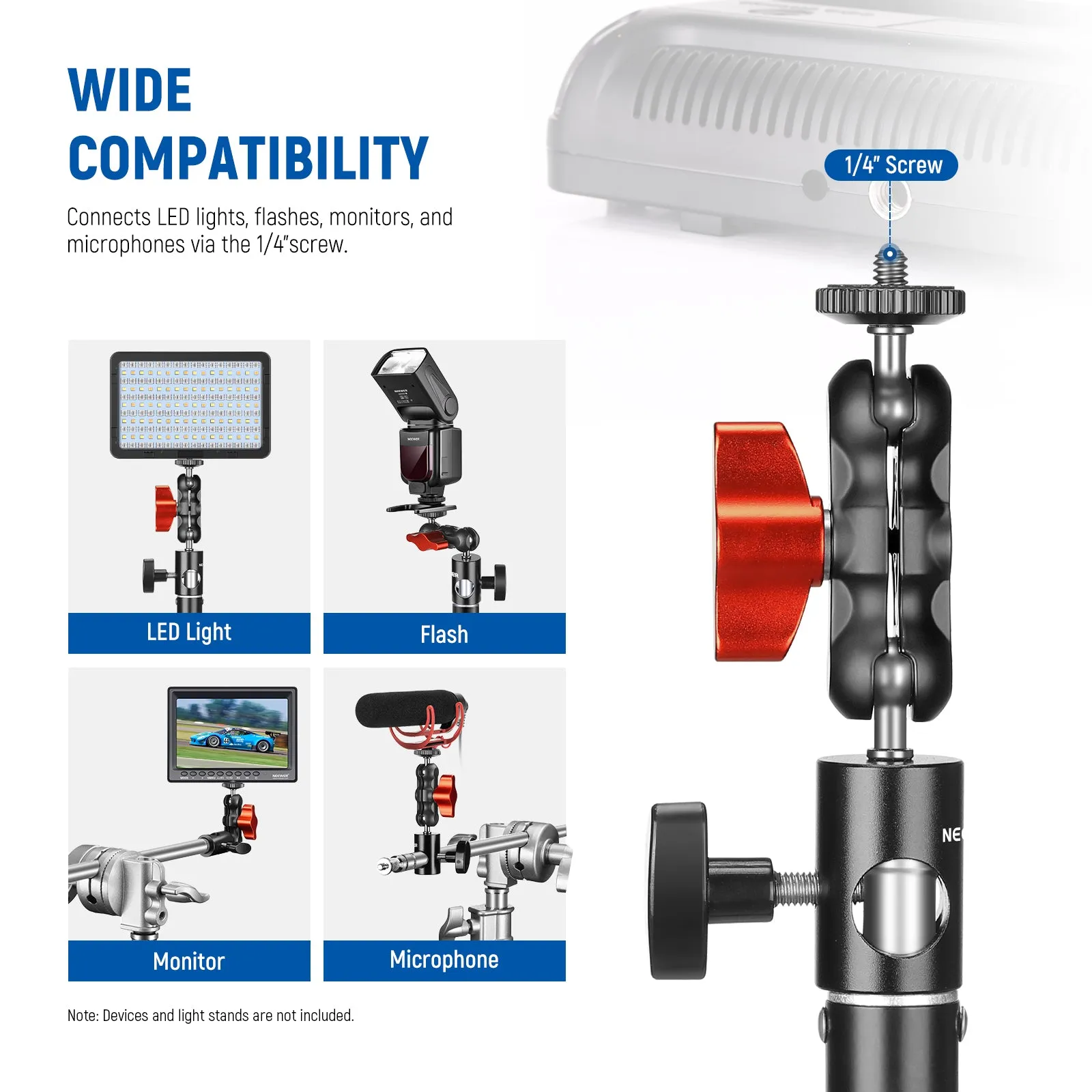 NEEWER 1/4” Screw Mount Adapter with Dual Joint Tilt for C Stand Boom Arm