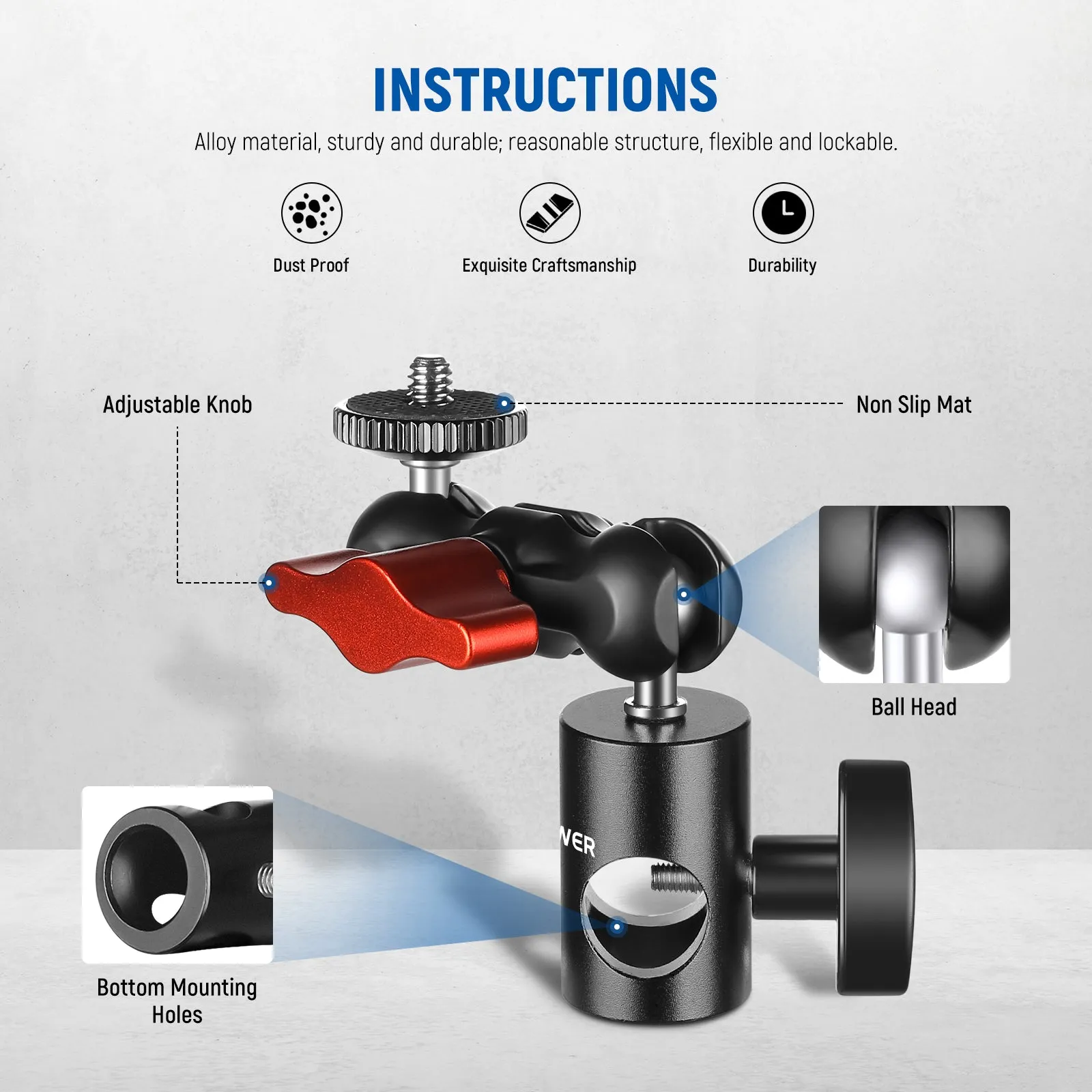 NEEWER 1/4” Screw Mount Adapter with Dual Joint Tilt for C Stand Boom Arm