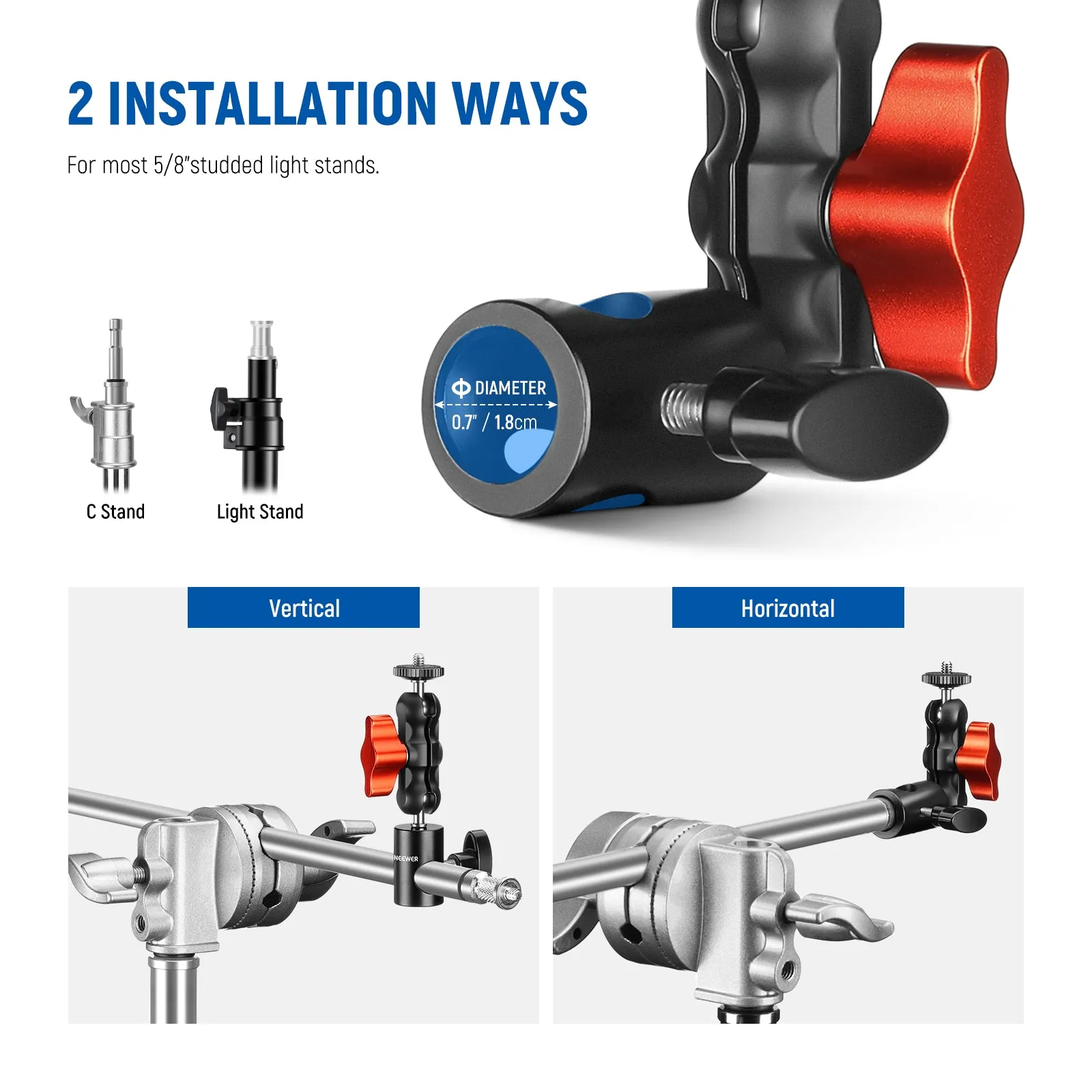 NEEWER 1/4” Screw Mount Adapter with Dual Joint Tilt for C Stand Boom Arm