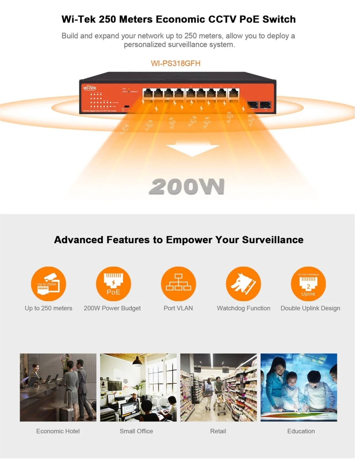 Network Switch, PoE, 16 2 Port, 200W