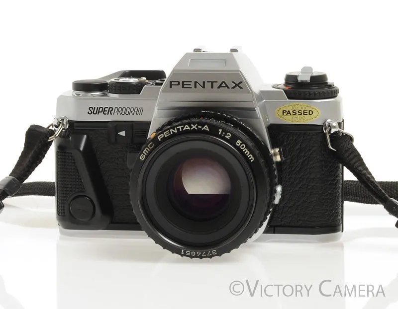 Pentax Super Program Chrome 35mm Film Camera w/ 50mm F2 Lens -New Seals-
